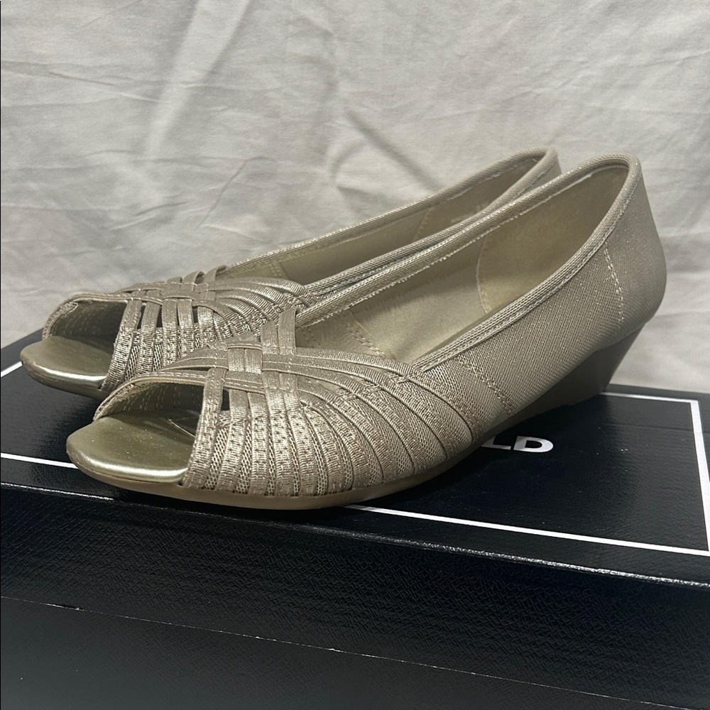 Karl Lagerfeld Metallic Peep-Toe Wedges